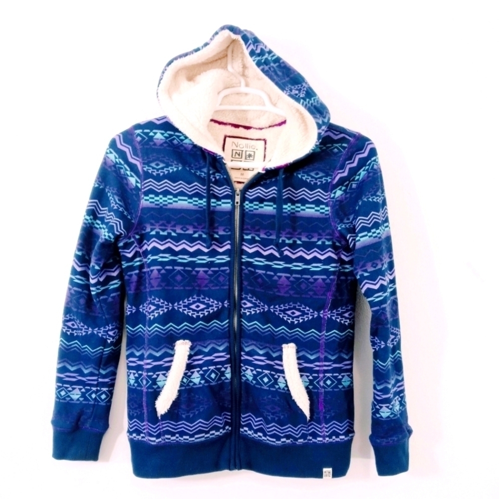 NOLLIE Women's M Sherpa Lined Aztec Boho Purple Sunset Zip Hoodie Western